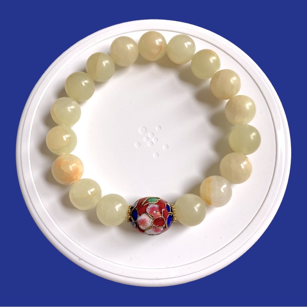 Jade Bracelet With Cloissone Red,Blue,Green Flower Motif Bead